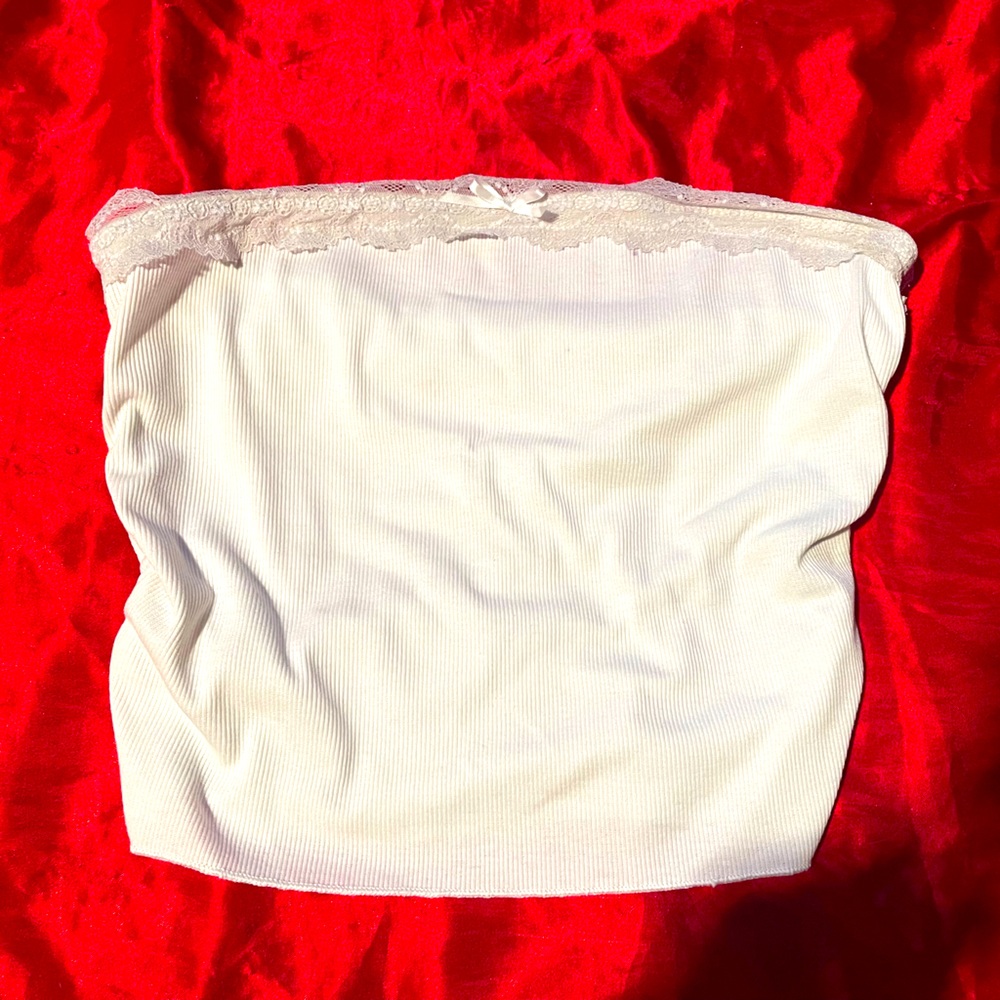 white tube top with bow and lace trim